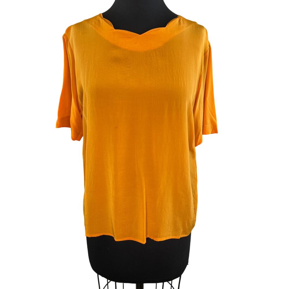 VTG Vintage Silk Land Yellow Gold Short Sleeve Round Neck Silk Blouse M Medium